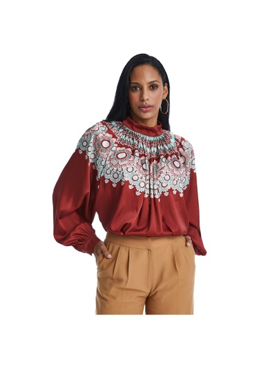 Kadın Yaka Büzgülü Desenli Bluz Salaş Kesim Ve Yüksek Yaka Detaylı Kiremit