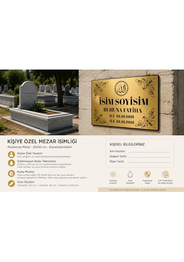 Kişiye Özel Metal Mezar İsimliği 20x30 Cm Paslanmaz Metal Levha Baskılı Mezarlık Levhası