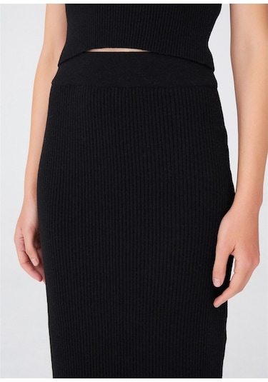 Peraluna Örgülü Kaşmir Karışımlı Kalem Kadın Triko Etek Siyah