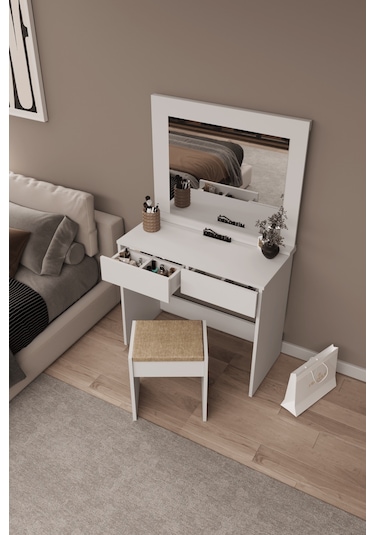 Df02109b Aynalı Puflu Beyaz Makyaj Masası Beyaz
