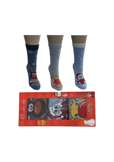 3'lü Set Pamuklu Yılbaşı Kadın Soket Çorap-mavi Mavi