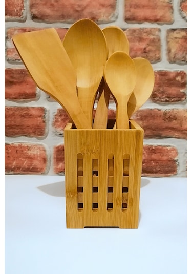 Kare Bambu Standlı - Ahşap Kaşık Spatula Servis Seti -6 Parça