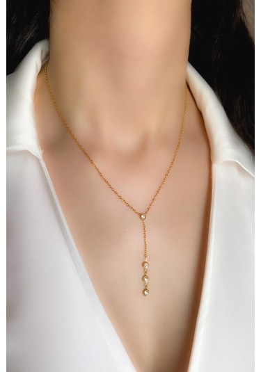 Kadın Çelik Kolye Yuvarlak Zirkon Taş Klasik Zincir Y Kolye Altın