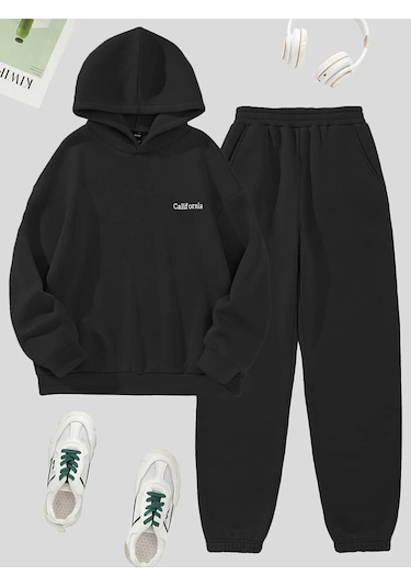 California Minimal Yazı Eşofman Takımı Sweatshirt Jogger - Siyah Baskılı Oversize Şardonlu Kapüşonl Siyah