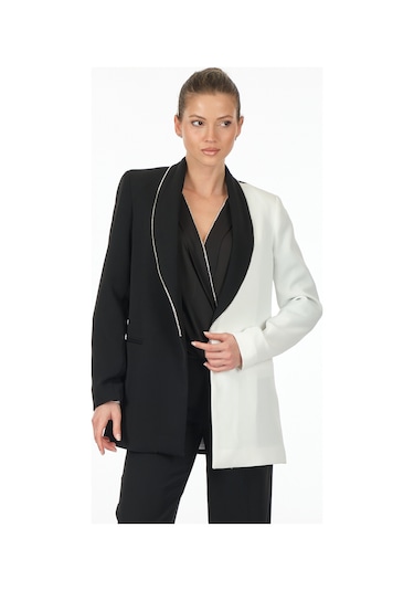 Explosion Minimalist Oversize Midi Kadın Ceket - Siyah Beyaz Siyah