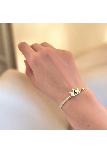 Archin Bozkurt Temalı Taç Figürlü 14 Ayar Altın Plakalı Hasır Kordonlu Hediye Bileklik-464sembol Bozkurt