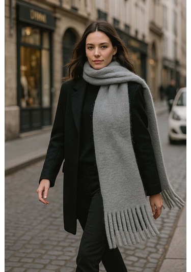 Kadın Püskül Detay Atkı Omuz Şalı 40x200 Cm 1295 Antrasit Antrasit