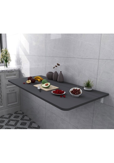 60x110 Cm Antrasit Sabit Raflı Duvara Monte Kırma Katlanır Masa