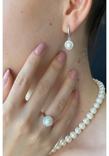 7,5 Mm Kadın Yuvarlak Taşlı Doğal İnci Küpe Kolye Yüzük Bileklik Dörtlü Set 17 Gümüş