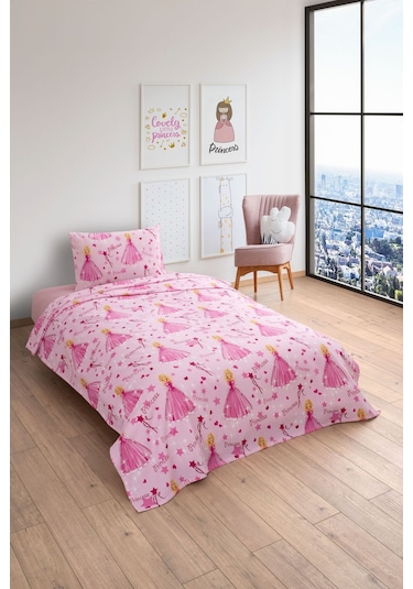 Gofret Detaylı Prenses Baskılı Çocuk-genç Odası Tek Kişilik Pike Pembe