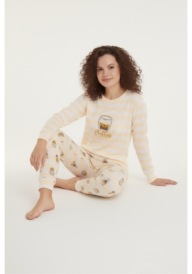 Luxury Thermal Coffee Desenli Kadın Polar Kışlık Pijama Takımı 42009 Sarı