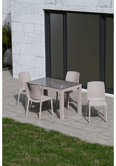 4 Kişilik 70x120 Cm Rattan Masa Takımı Camlı Kapuçino