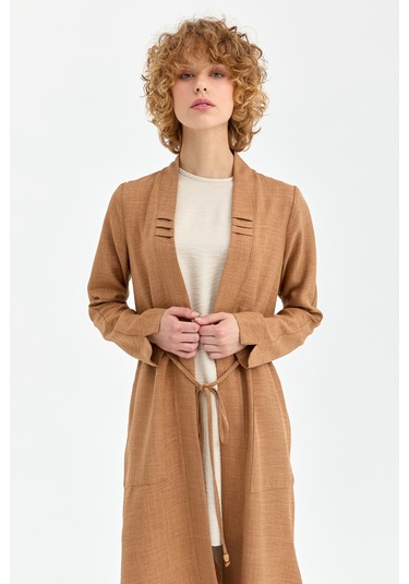 Bağcık Detaylı Tunik Ceket Pantolon Takım Camel Kahverengi