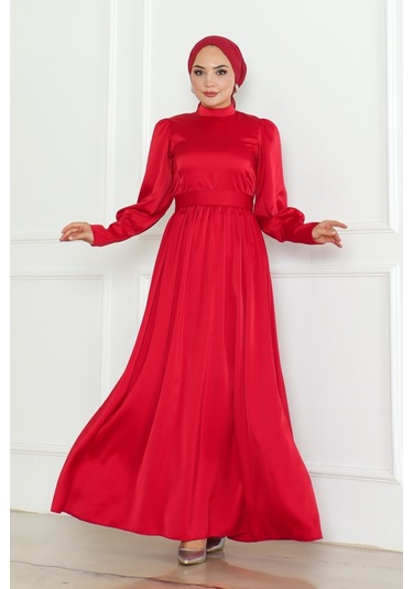 Kuşaklı Saten Abiye 1136 - Kırmızı