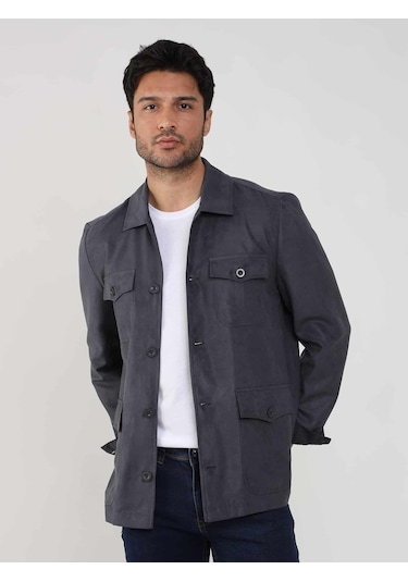 Dufy Gri Erkek Regular Fit Düz Klasik Yaka Süet Mont - 105399-Gri