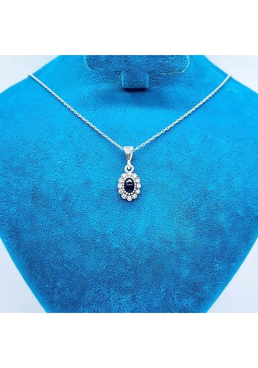 Oval Mini Boy Zirkon Ve Oltu Taşı İşçilikli 925 Ayar Gümüş Kolye Siyah