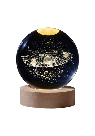 Hombey Güneş Sistemi 3d Lazer Yontma Kristal Top Lambası - 6cm Kristal + Ahşap Tabanlı Usb Akıllı Gece Lambası Şeffaf
