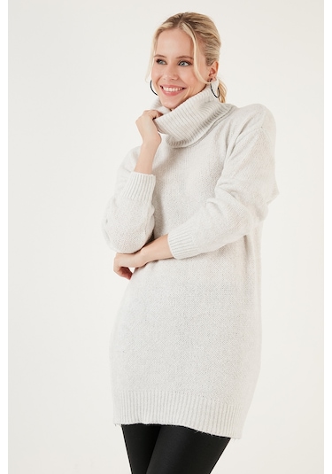 Lela Balıkçı Yaka Örme Uzun Bayan Kazak 4615018 Açık Gri