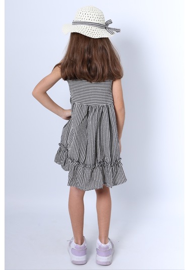 Kız Çocuk Şapkalı Elbise Kareli Fiyonklu B33 Siyah