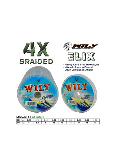 Wily Elix 4 Kat İp Misina Yeşil 100 Mt Devamlı '+001