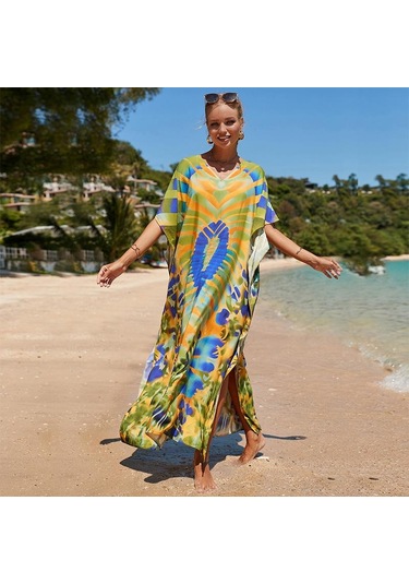 Edolynsa Kadınlar Zarif Kaftan Elbiseler Uzun Artı Boyutu Mayo Cover Up Resort Giyim Plaj Mayo Coverups Gevşek Loungewearq1464 Çok Renkli