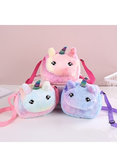 Maoyaya Yeni Yuvarlak Gözlü Tek Boynuzlu At Çocuk Peluş, Renkli Kapaklı Kız Omuz Çantası Mor Lila