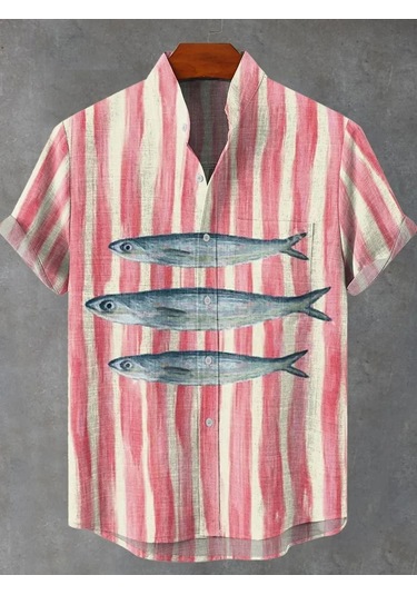 Snapbuy Retro 3d Sanat Baskılı Çizgili Balık Desen Keten Erkek Gömleklavanta Lavanta