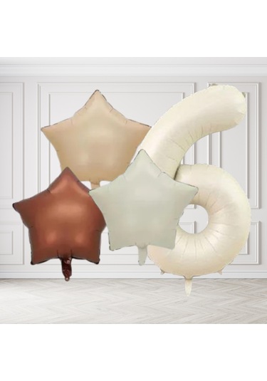 6 Yaş Retro Krem Bej Kahverengi Yıldız Folyo Balon Seti Krem Rakamlı Doğum Günü Şık Parti Süsleme Çok Renkli