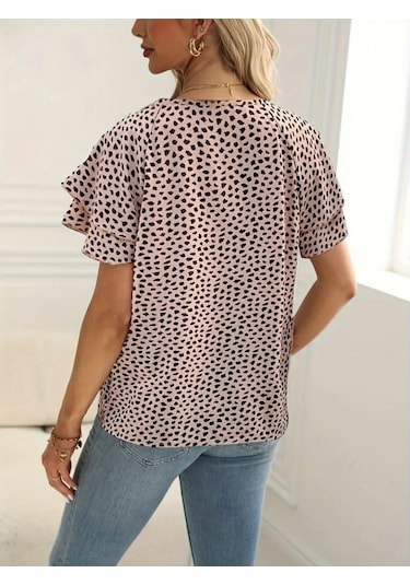 Ge Ticaret Kadın Kısa Kollu Kolları Volanlı Baskılı Süprem Bluz Pembe