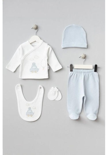 Bebitof %100 Pamuk Bulutlu Araba Desenli 5 Parça Yenidoğan Hastane Çıkışı Zıbın Seti Bbtf.mv.20109 Mavi