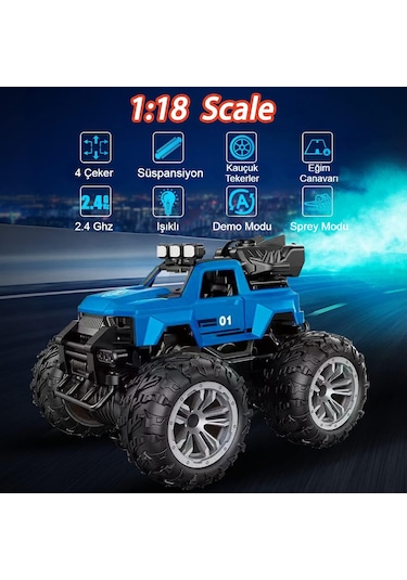 Uzaktan Kumandalı Şarjlı Duman Atan Araba 4x4 Buharlı Işıklı Uzaktan Kumandalı Off Road Araba Rc Stu Mavi