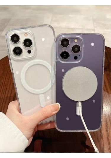 Iphone Uyumlu 15 Pro Max Kılıf Magsafe Wireless Kablosuz Şarj Destekli Sert Silikon Şeffaf Kapak