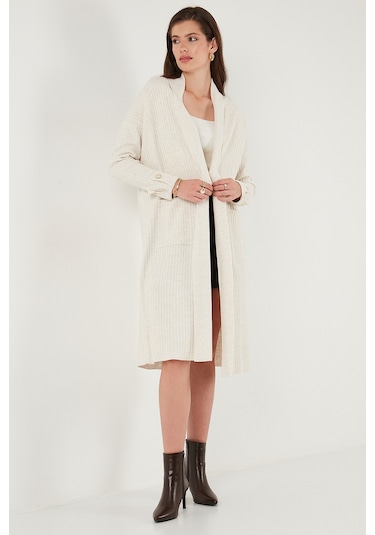 Lela % 100 Akrilik Triko Örme Uzun Bayan Hırka 4615212 Açık Taş