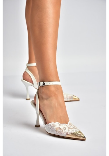 Fox Shoes Y752082806 Beyaz Dantel İnce Topuklu Kadın Ayakkabı