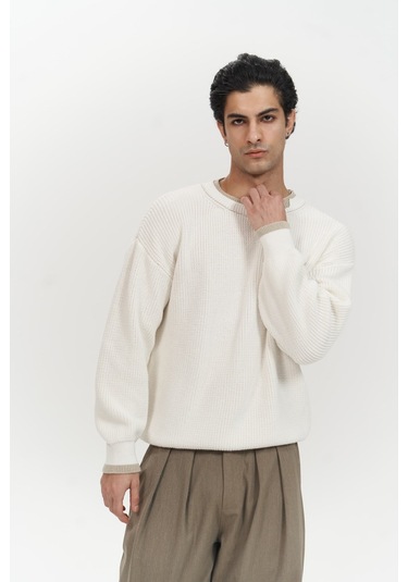 Carter Çift Yaka Detaylı Ekru Erkek Triko Kazak Ekru