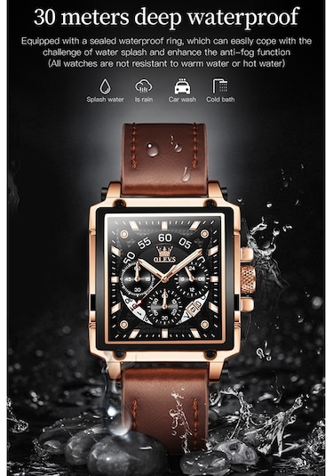 Olevs 9919 Erkekler İçin Kare Kadranlı Kronograf Aydınlık Kuvars Saat Kahverengi Deri Gül Kabuğu Siyah Yüzey