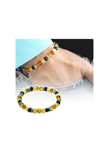 Multicolor Renk Firuze Doğaltaş Süslemeli Natural Form Doğal Damla Kehribar Erkek Bileklik Beyaz - Çok Renkli