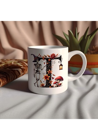 T Harfi Şapkalı İskelet Figürlü Ve Çiçekli Kupa Bardak - Cadılar Bayramı / Halloween Özel Hediye Beyaz