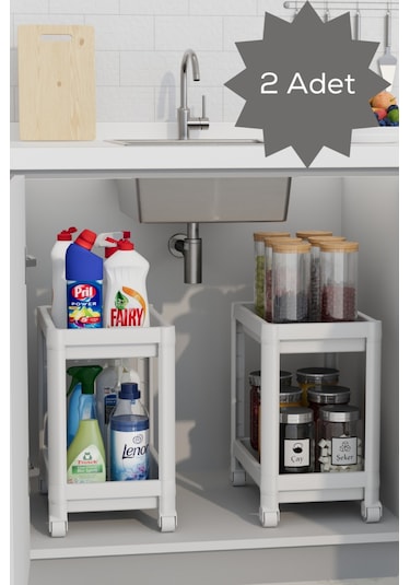 Mithra Life 2 Adet 2 Katlı Tekerlekli Tezgah Altı Beyaz Banyo Mutfak Rafı Mıt1120 Beyaz