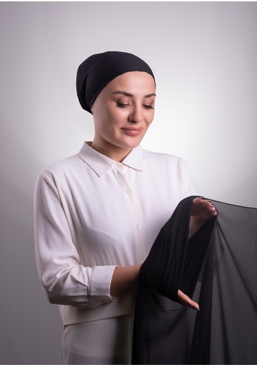 Siyah Pratik Hazır Geçmeli Şal Şifon Boru Boneli 3001_01