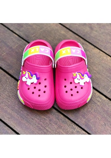 Kız Çocuk Unicorn Figürlü Kaydırmaz Taban Terlik Sandalet Fuşya