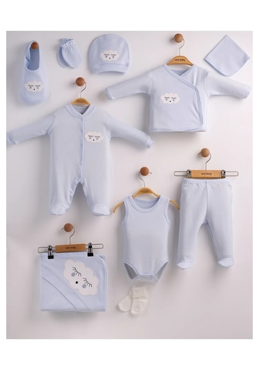 Erkek Bebek Mavi Bulut Nakışlı 10 Parça Hastane Çıkışı Zıbın Seti Mavi