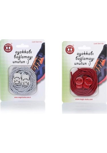 Magic Locks Yuvarlak Akıllı Ayakkabı Bağcık 2'li Set Beyaz-kırmızı
