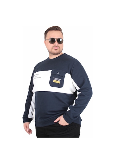 Starbattal Büyük Beden Bisiklet Yaka Cepli Sweat Double Face Pike 25702 Lacıvert Lacivert