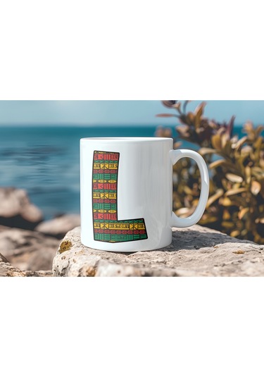 L Harfi Etnik Desenli Kupa - Afrika Tarzı Kahve Çay Kupası - Hediyelik - Black History Beyaz