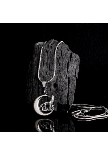 925 Ayar Gümüş Hilal Kurt Model Kolye Ucu 60 Cm Çelik Zincirli Kolye Gri