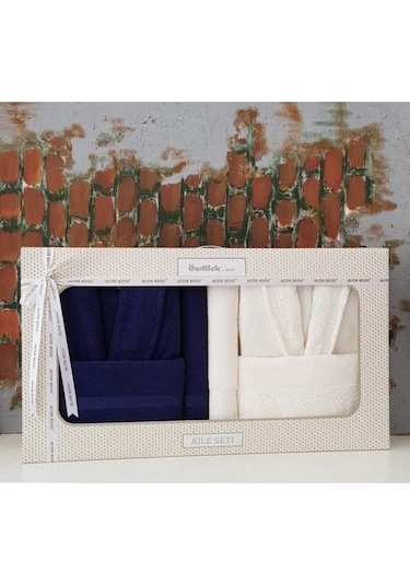 Özdilek Krem Lacivert Branch Aile Bornoz Seti Krem