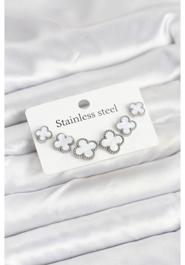 316l Çelik Gümüş Beyaz Renk 3 Boy Yonca Küpe Seti Çok Renkli