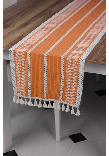 Pamuk Örme Püsküllü Turuncu Dantel Runner 35x145