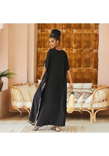 Edolynsa Siyah Vintage İşlemeli Uzun Kaftan Siyah